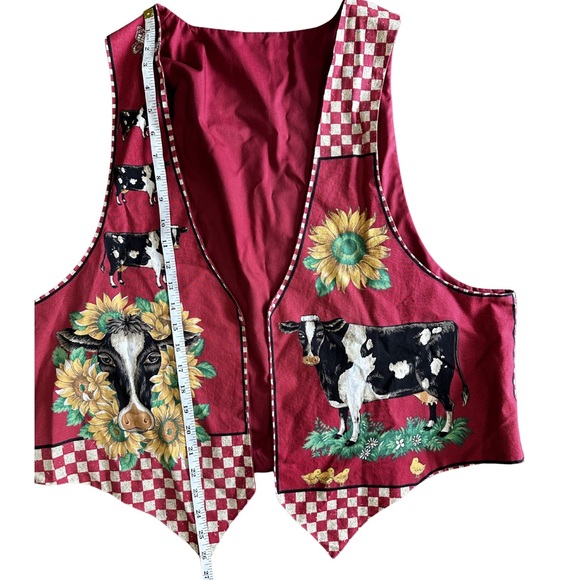Vintage Cow Print Patchwork Vest Sunflower Farmhouse Cottagecore Red XL - Picture 4 of 6